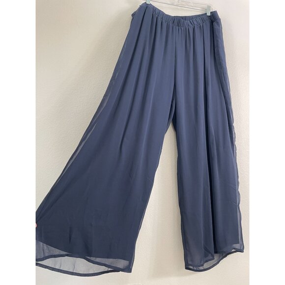Ulla Popken Womens Plus 24/26 Navy Blue Wide Leg Chiffon Pants Elastic Waist - Picture 1 of 6